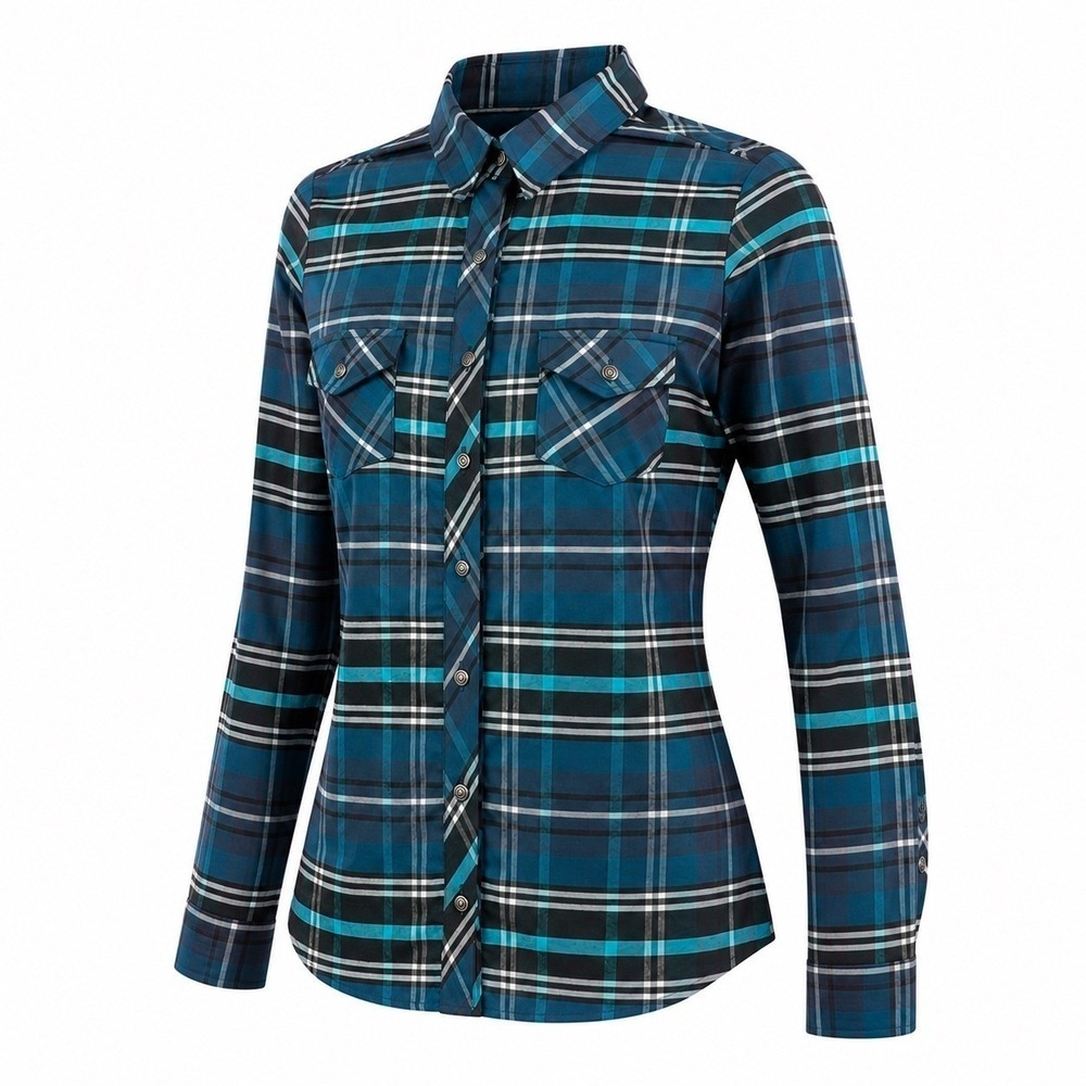 KÜHL Women's M Style 8346 Teal Blue Plaid Flannel Button Up Shirt Outdoor Hiking - Picture 3 of 10